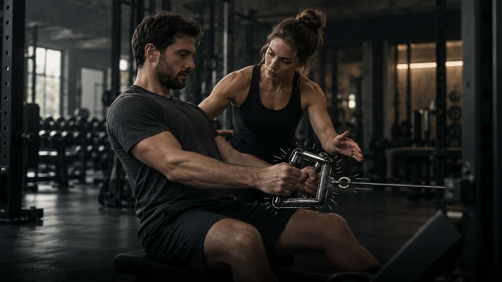 A coach adjusting a member's cable row