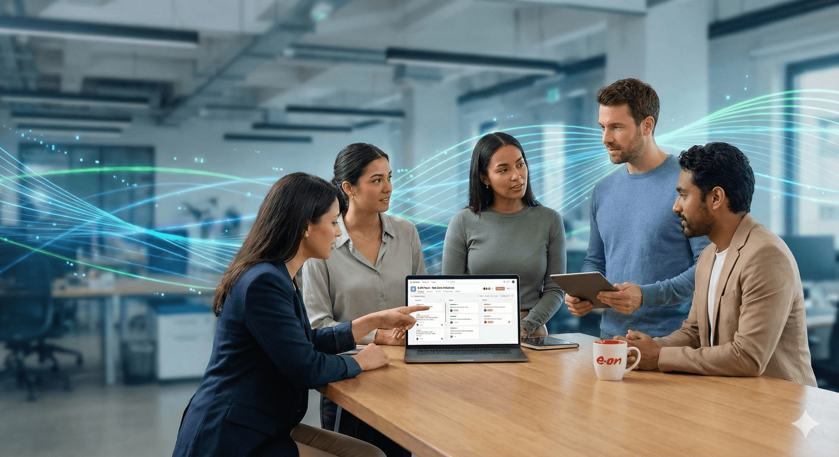 A diverse group of five professionals collaborates in a modern office setting, with one person pointing at a laptop displaying project management software, symbolizing the concepts of teamwork and productivity; dynamic lines in the background suggest digital connectivity, relating to the E.ON Next Asana case study.