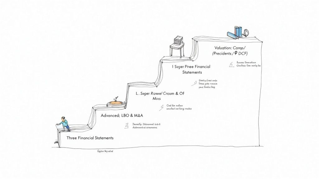 A person climbs a staircase of books, symbolizing progression through financial concepts like statements, LBO, M&A, and valuation.