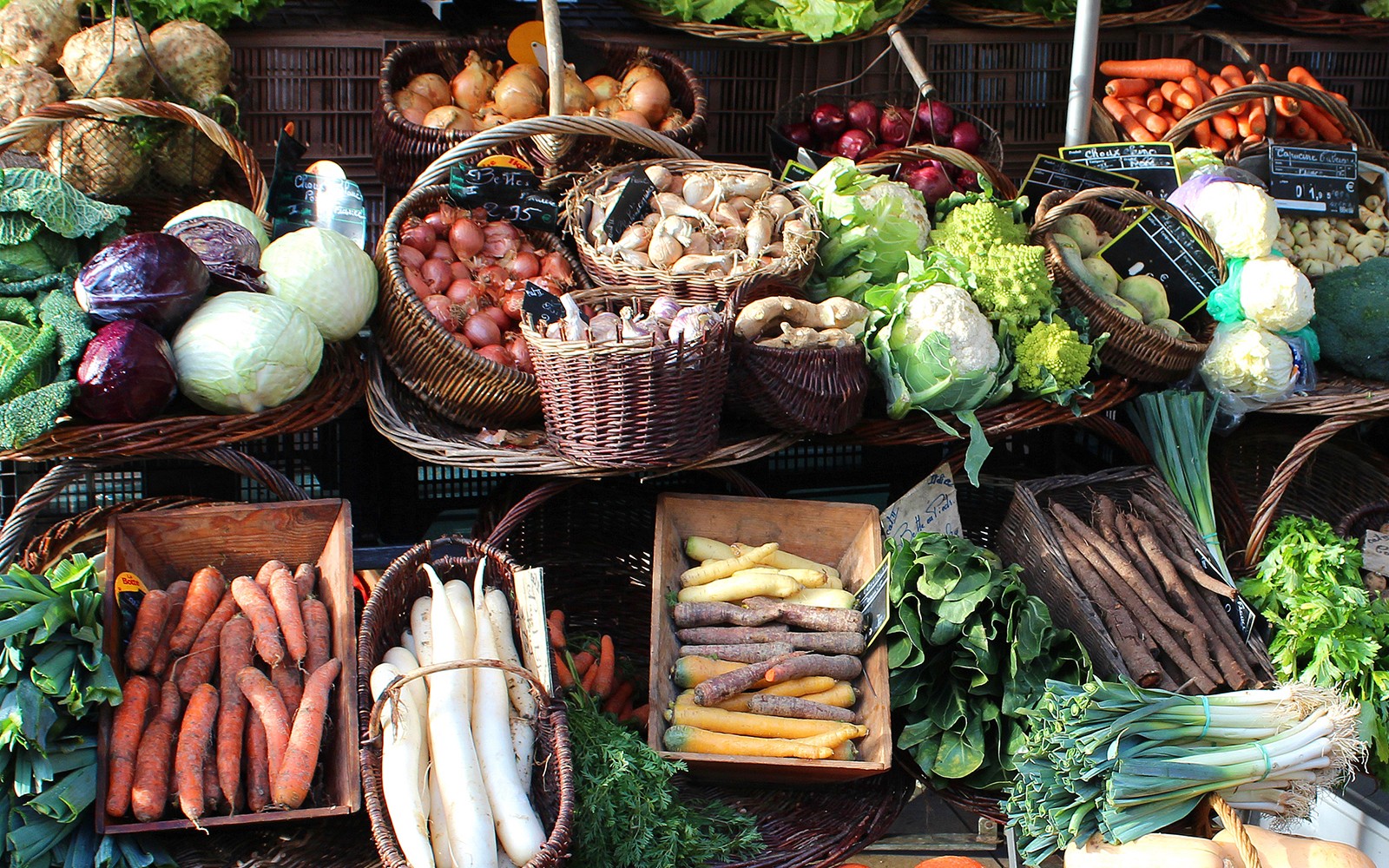 Fresh produce display at Trionfale Market in Rome, featuring carrots, cabbages, and onions.