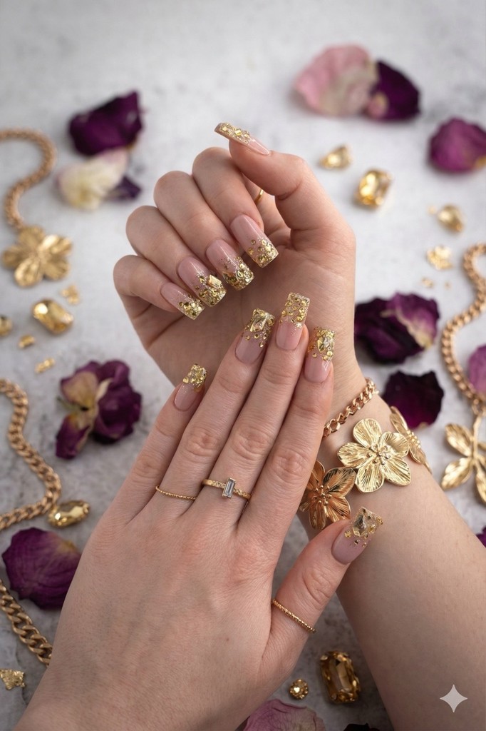 Hand with nude and glittery rhinestone nails in a sweater
