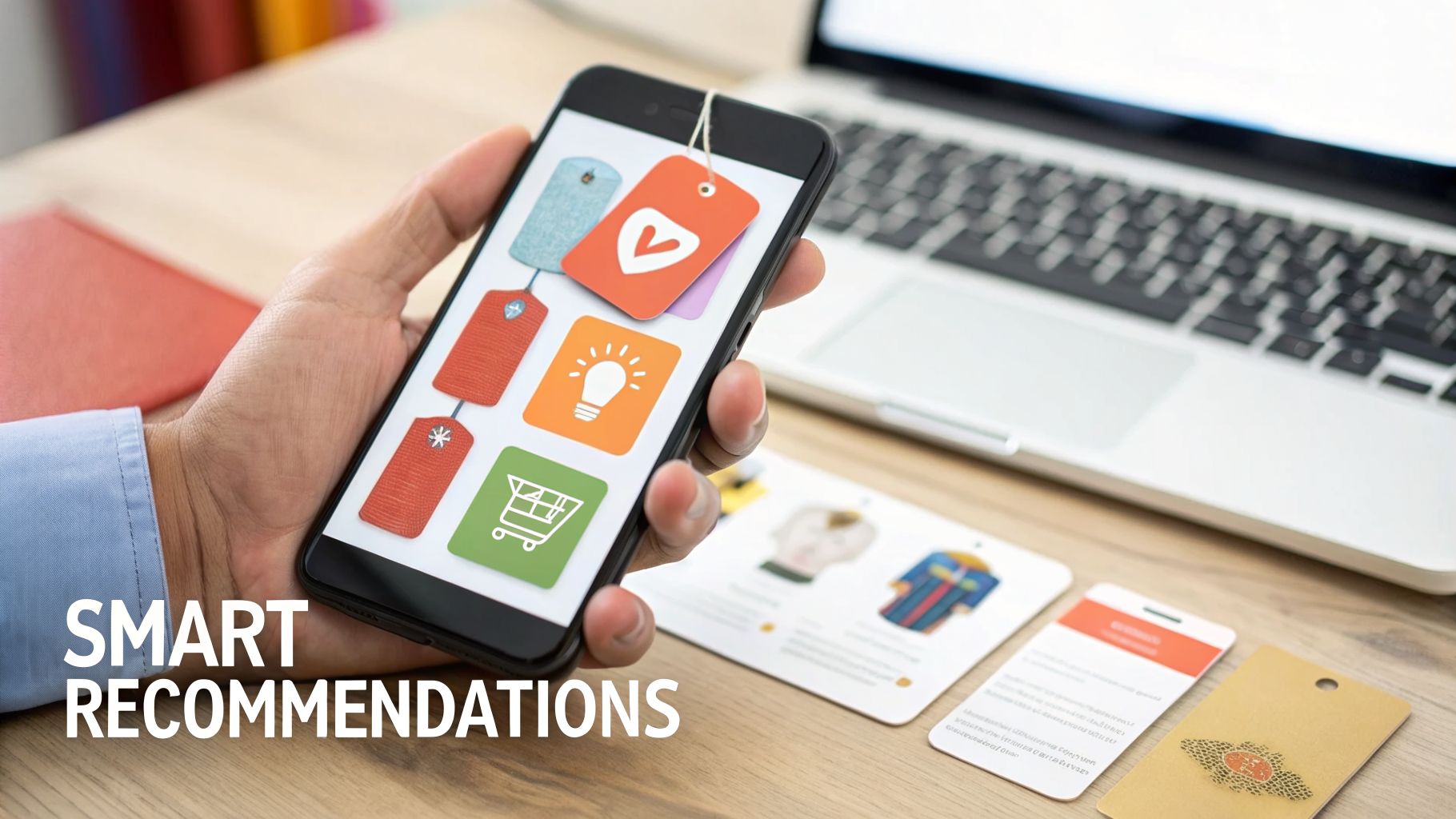 A hand holds a smartphone displaying price tags with shopping icons, next to a laptop and product cards.