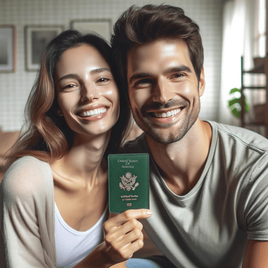Joyful couple holding a CR6 Green Card, representing the successful union and legal residency in the U.S. through marriage.