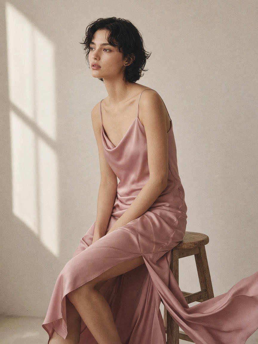 Look 02, Red Hour Slip: Model in a blush silk slip dress seated on a wooden stool