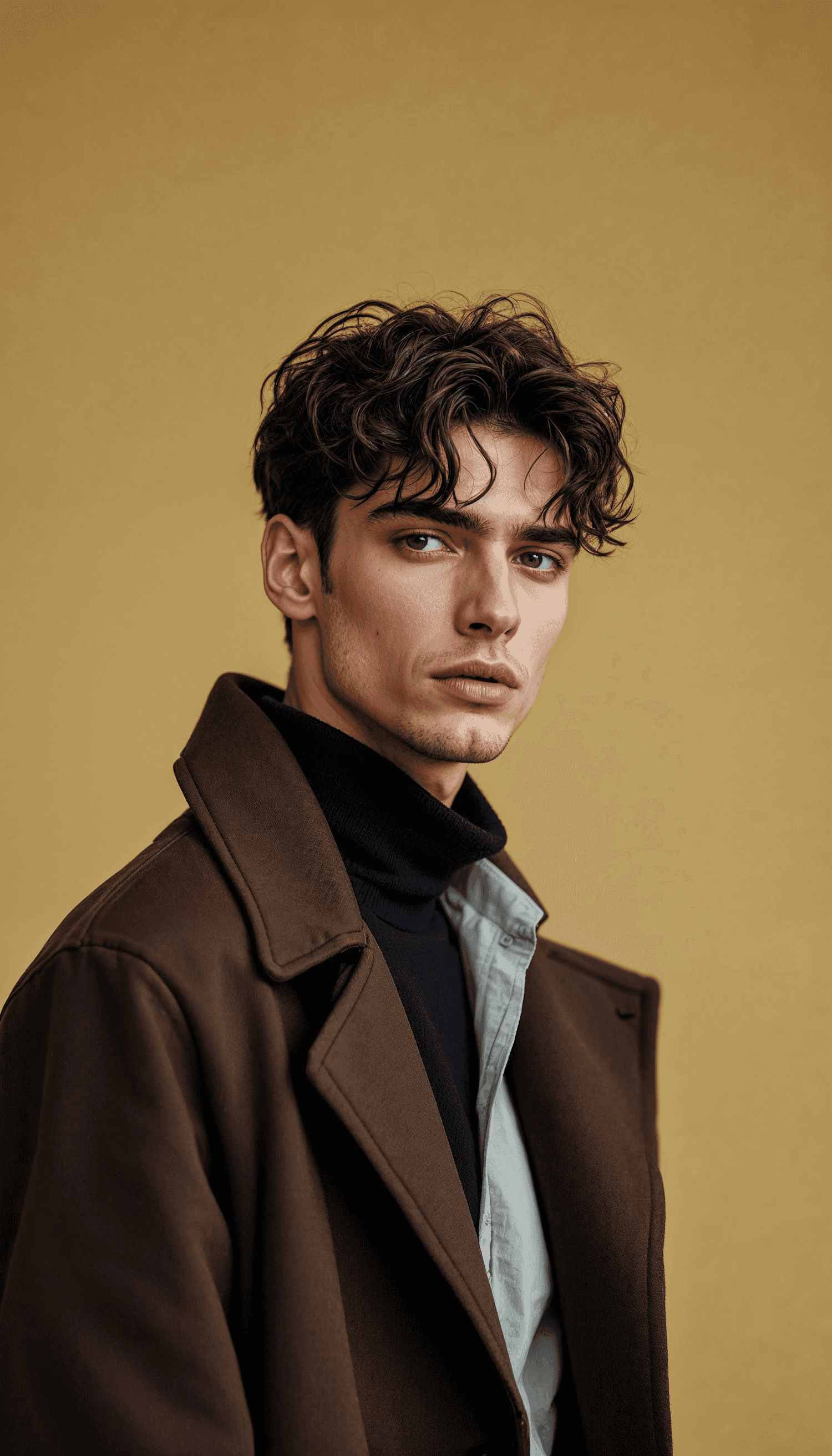 A man wearing a brown coat over a turtle neck, standing confidently with a neutral expression.