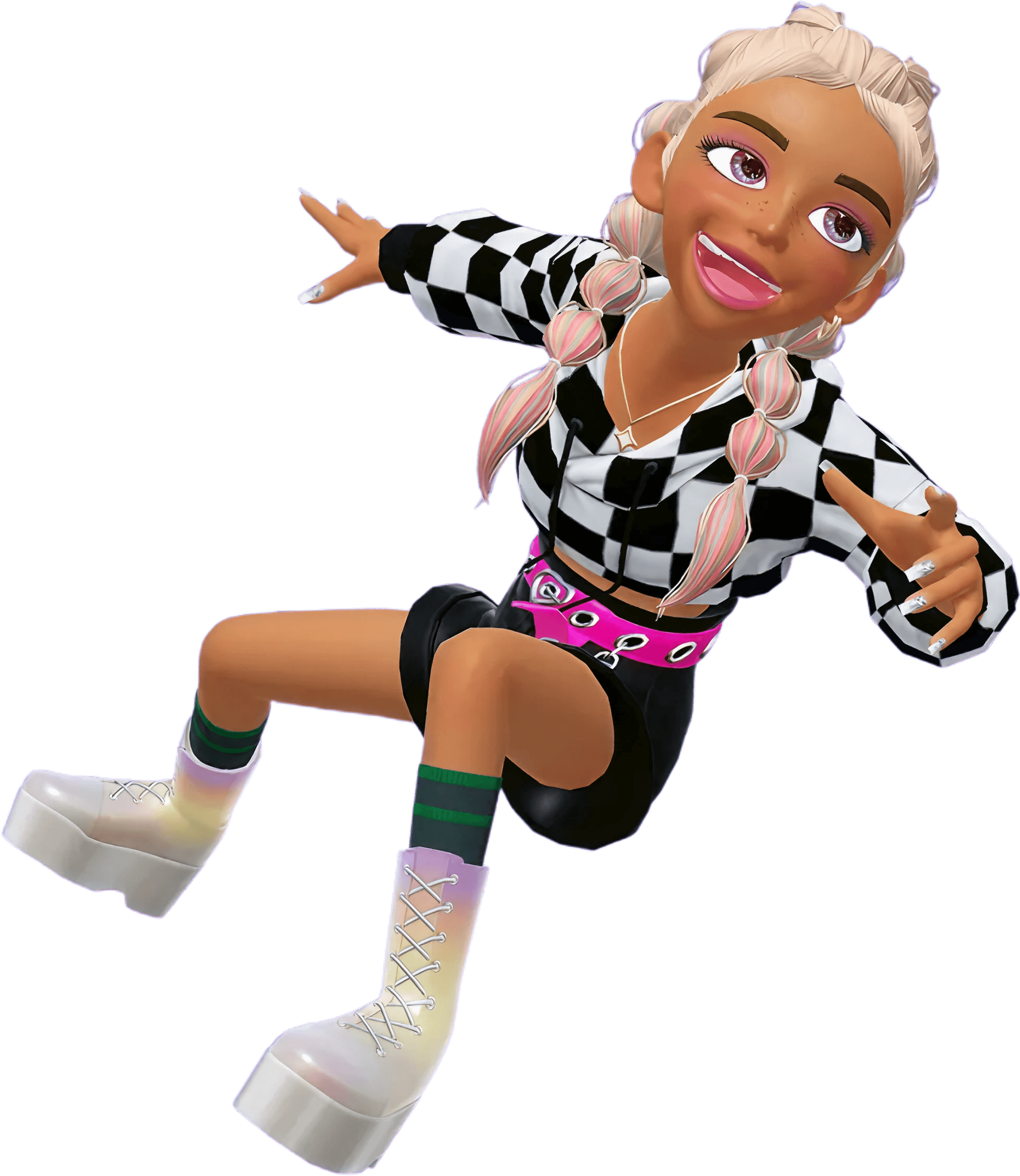 Zepeto girl in checkered hoodie and shorts, with colorful braids.
