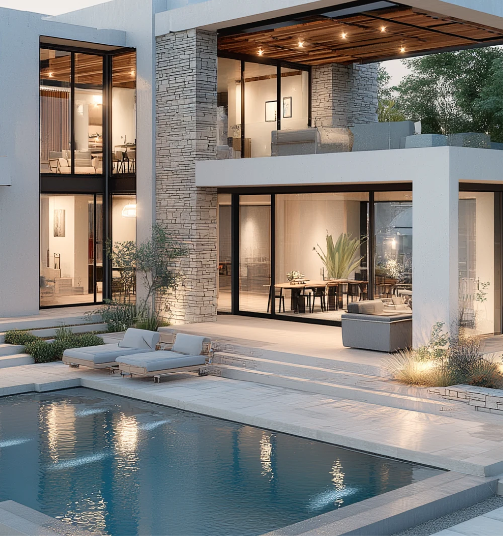 Modern luxury villa with large glass windows and a clean outdoor entrance. 2. Family House