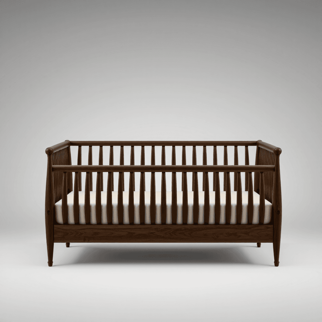 product photography of a wooden bed frame with a slatted design and a mattress