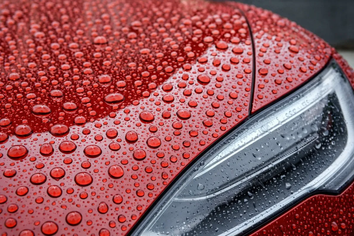 Water beading on a red car’s hood and headlight after ceramic coating