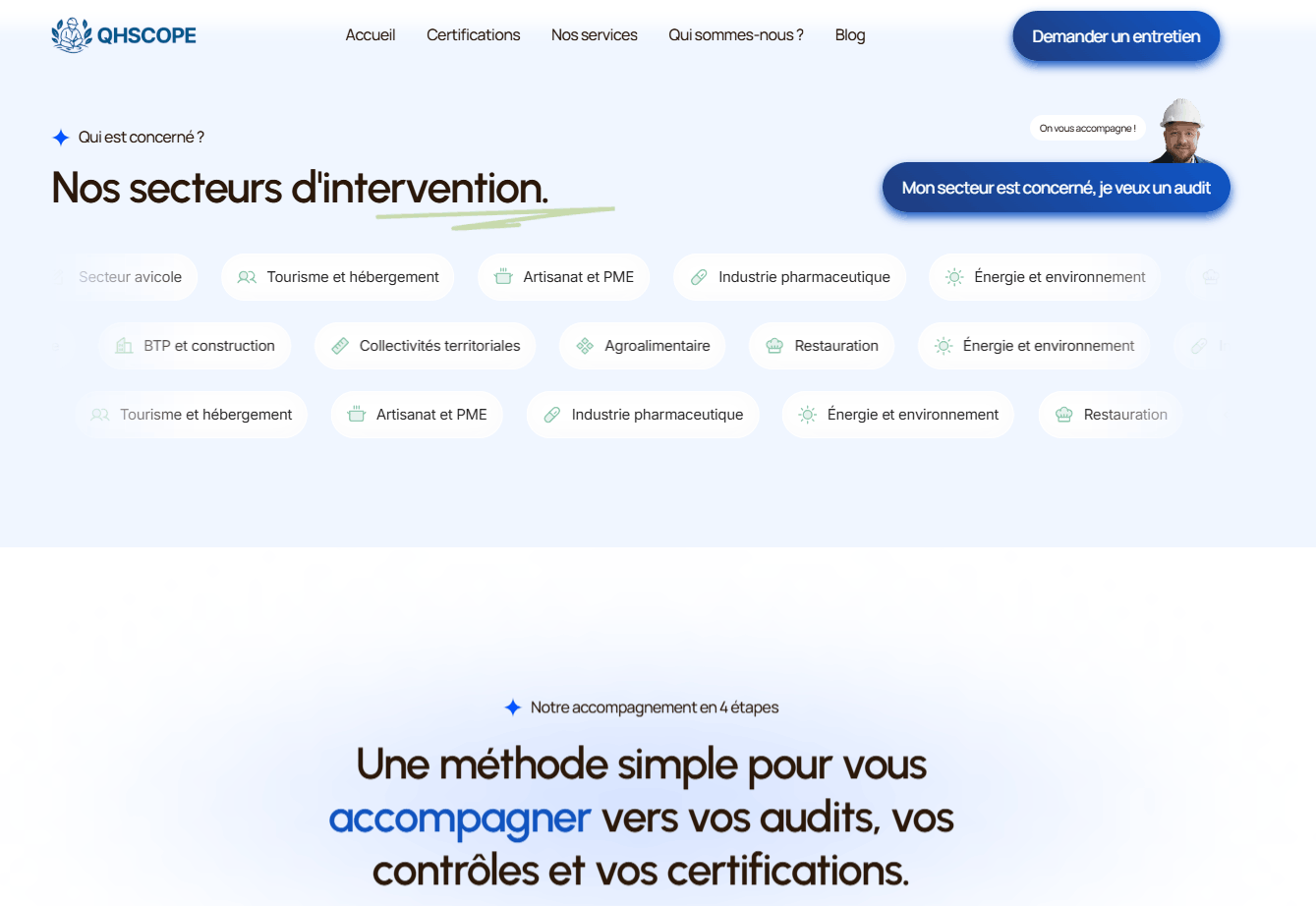 Statistiques du cabinet Qhscope : 20 ans d'expérience QHSE, 75+ entreprises accompagnées, 100% de certifications obtenues — site refondu par SL Vision