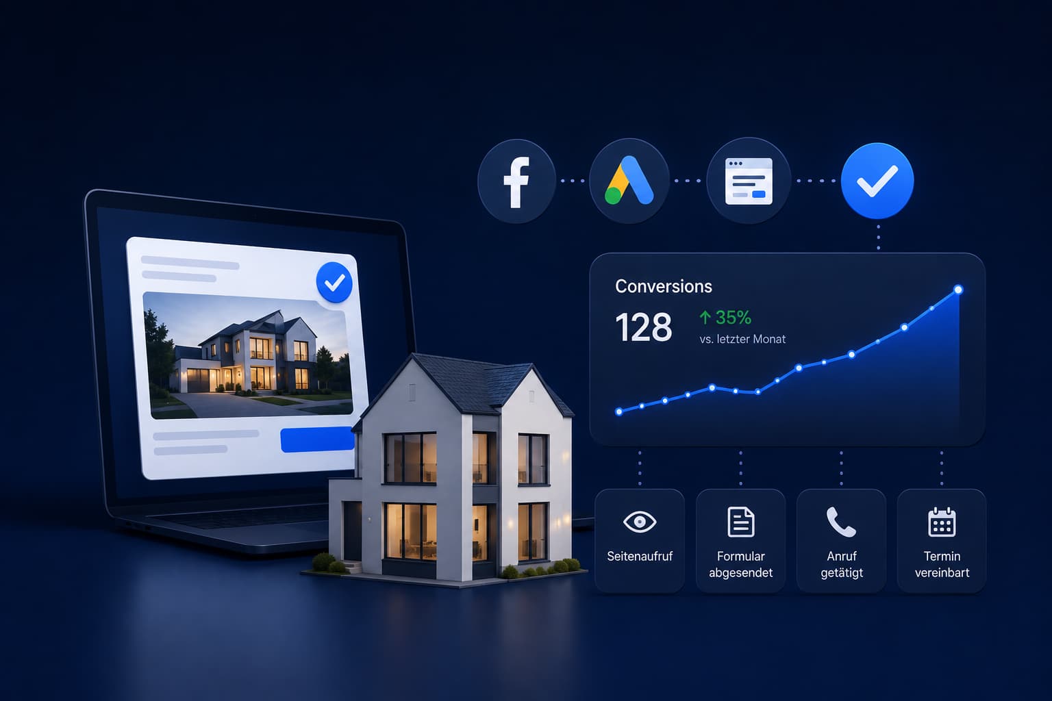 Grafische Darstellung zu Conversion Tracking mit Pixel Setup, Meta Pixel, Google Tag Manager, Conversion Tracker, Event Tracking und Reporting Dashboard.