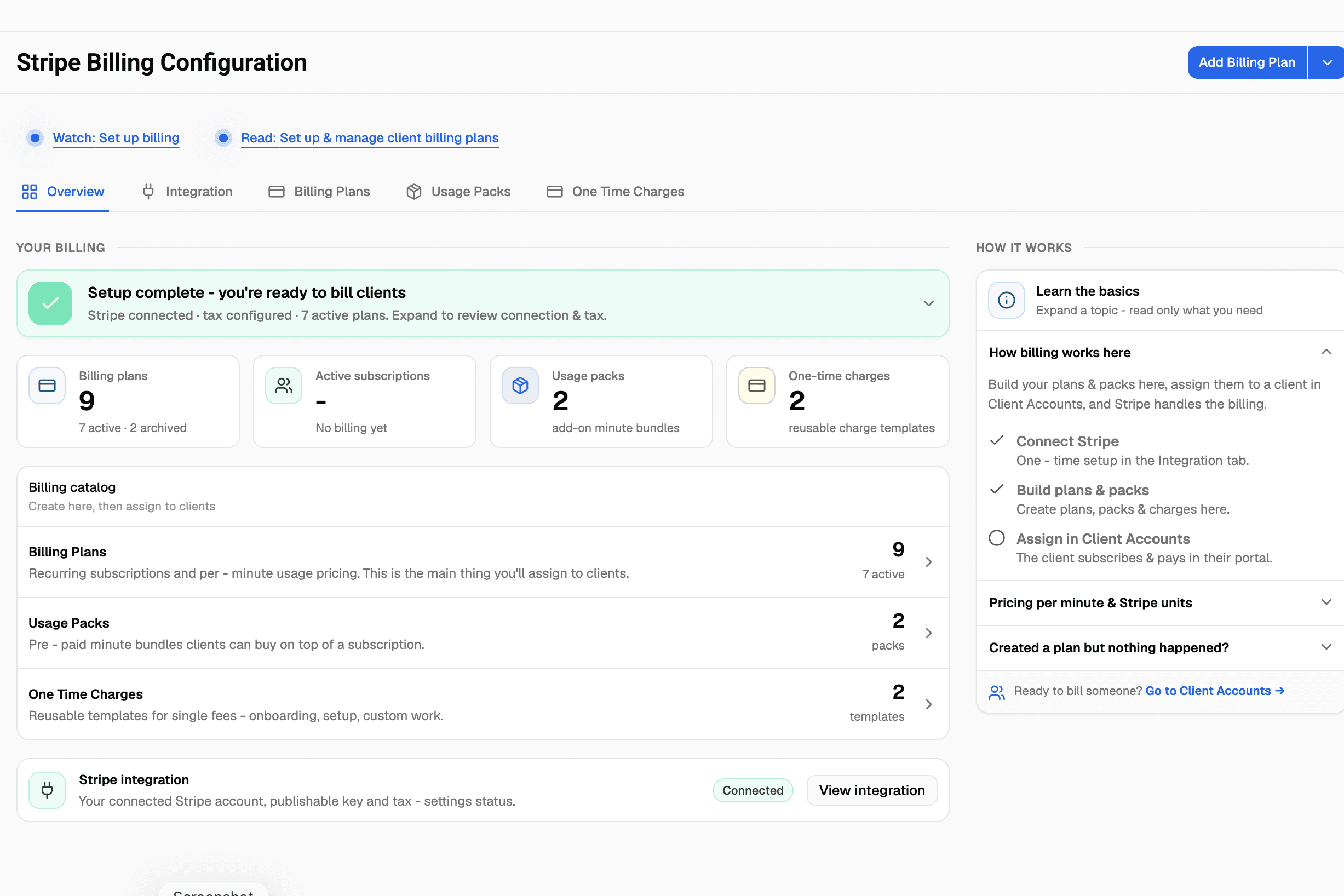 VoiceAIWrapper Stripe billing configuration for Vapi client rebilling, showing billing plans, usage packs, one-time charges, currency settings, and an assignment reminder