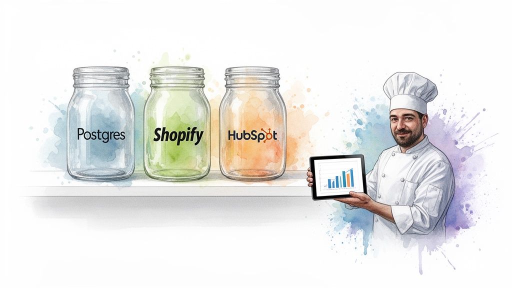 A chef displays business intelligence from various data sources like Postgres, Shopify, and HubSpot.