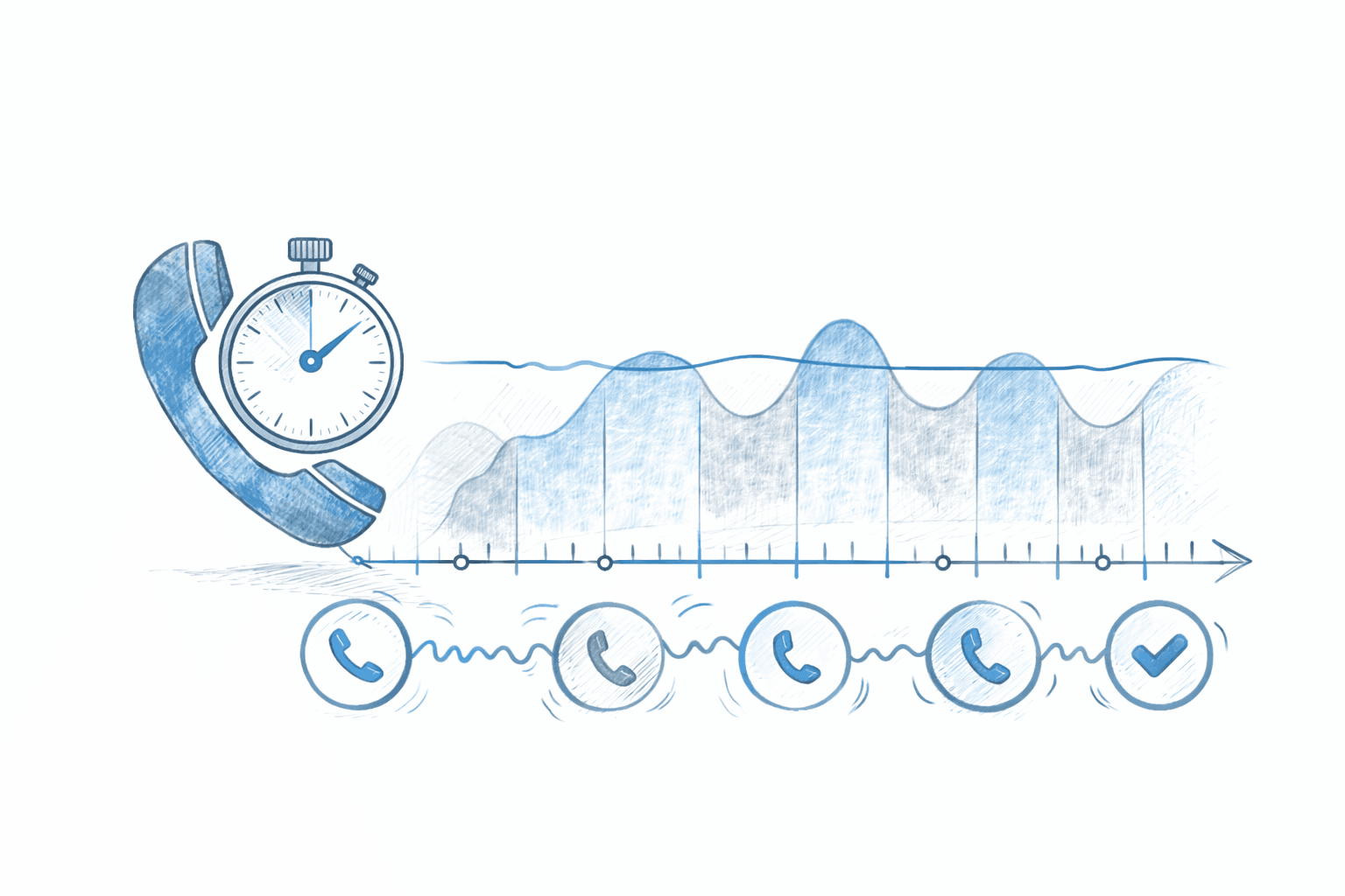 A volume graph with average line, a large stopwatch, and phones