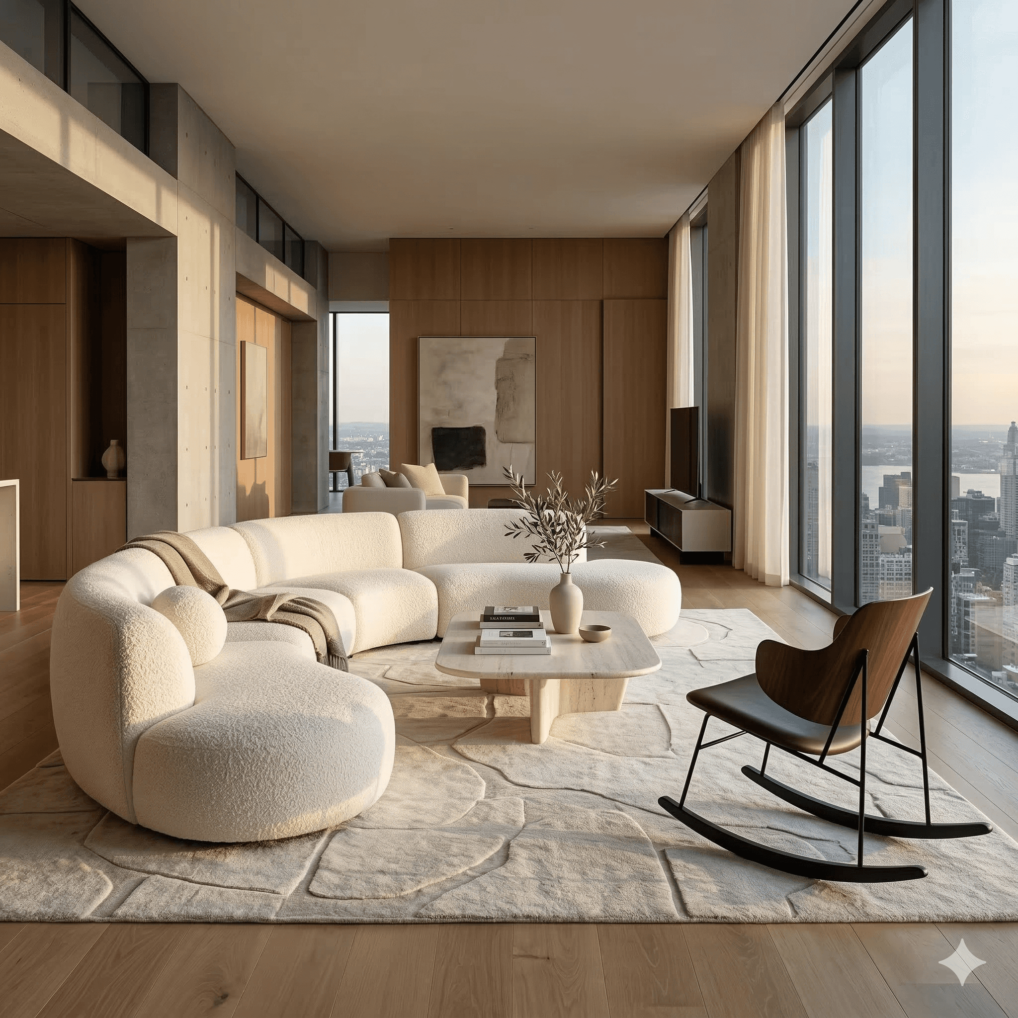 Terracotta interior with arched doorway, sculptural orange armchairs, minimalist décor, and warm light.