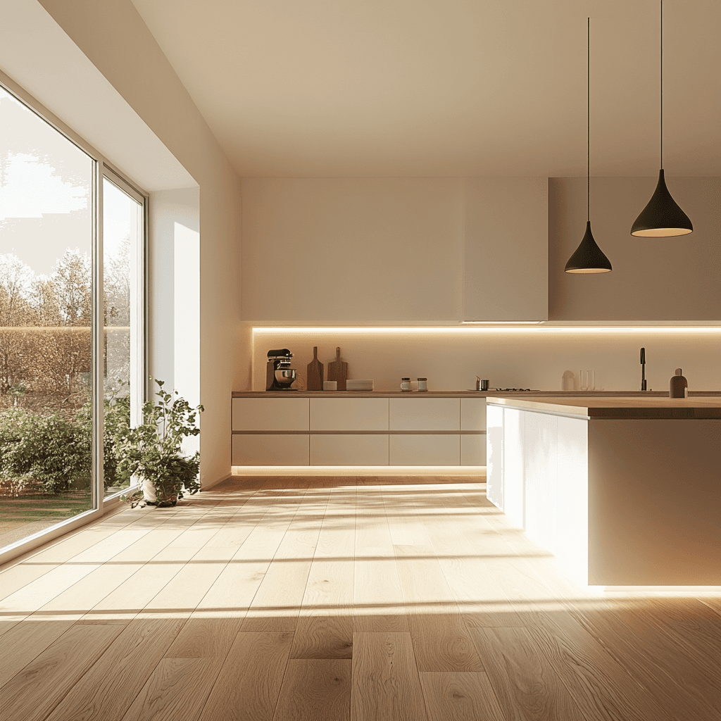 Neu eingebaute moderne minimalistische Küche mit großer Fensterfront und Holzelementen