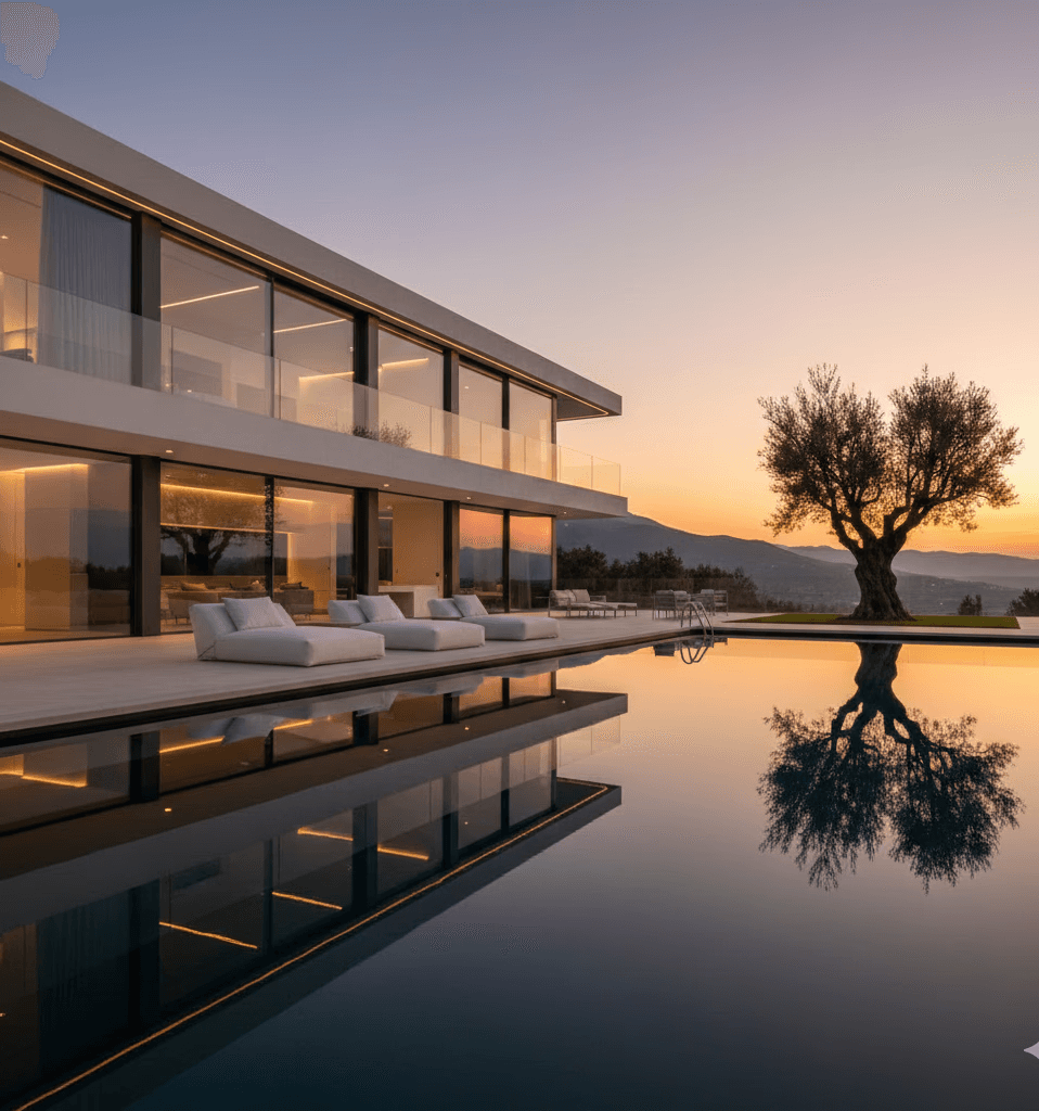 Modern luxury villa with infinity pool at sunset with tree.