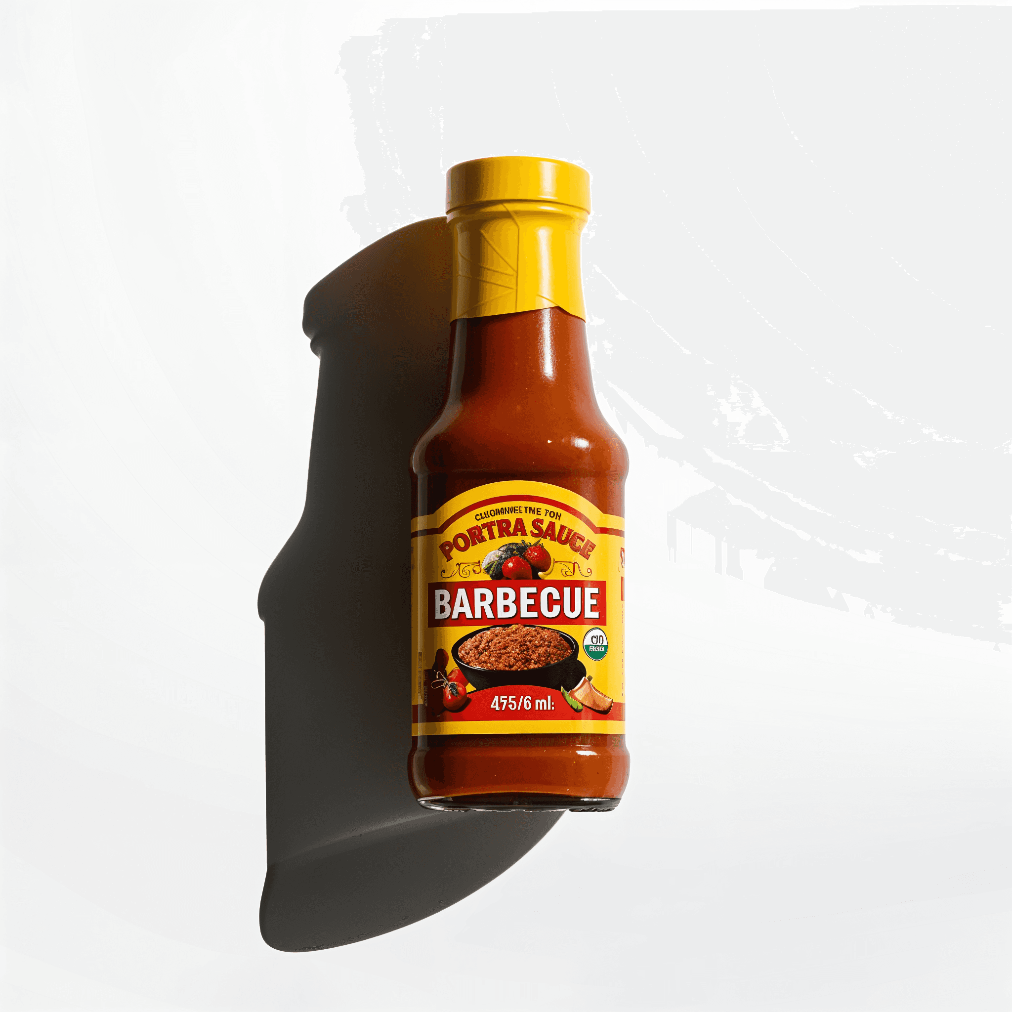 An overhead view of a bottle of barbeque sauce casting a strong shadow.