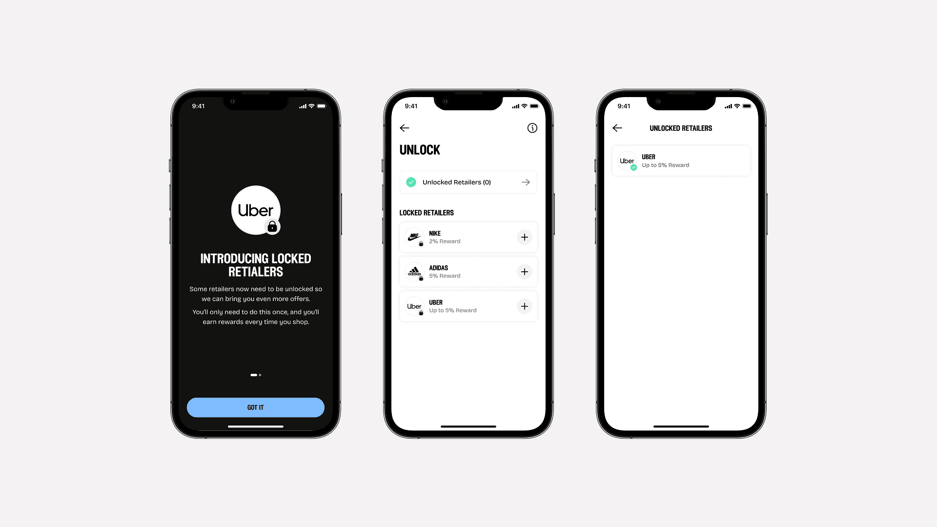 Screens showing an introduction to locked retailers, a list of locked retailers to unlock, and an unlocked retailers list.
