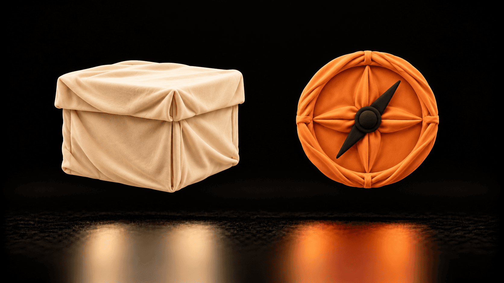 A cream cloth archive box and a separate orange cloth compass float above a dark floor.