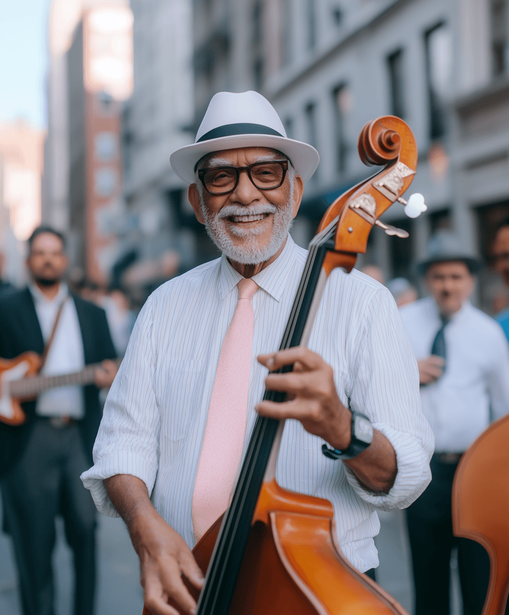 Close-up of a man in a tweed jacket next to a cream and brass robot with rabbit-like