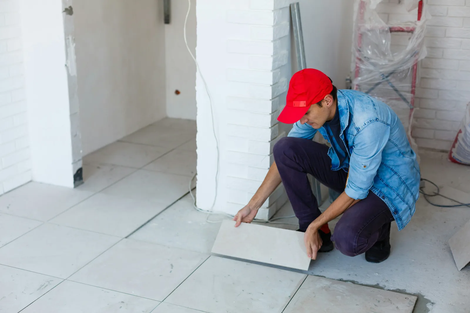 Worker positioning floor tile during renovation on construction site