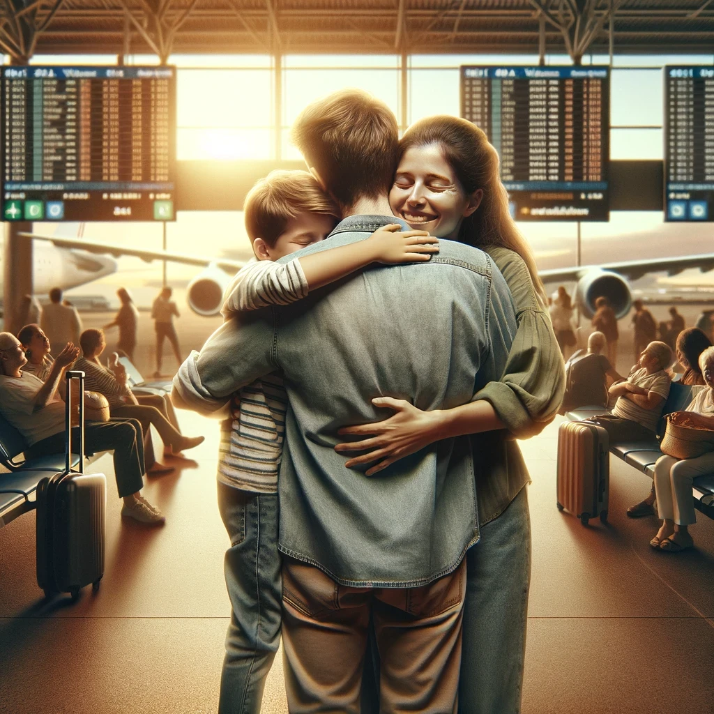 Family joyfully reuniting at an airport, symbolizing the successful overcoming of immigration hurdles through the 601A waiver.
