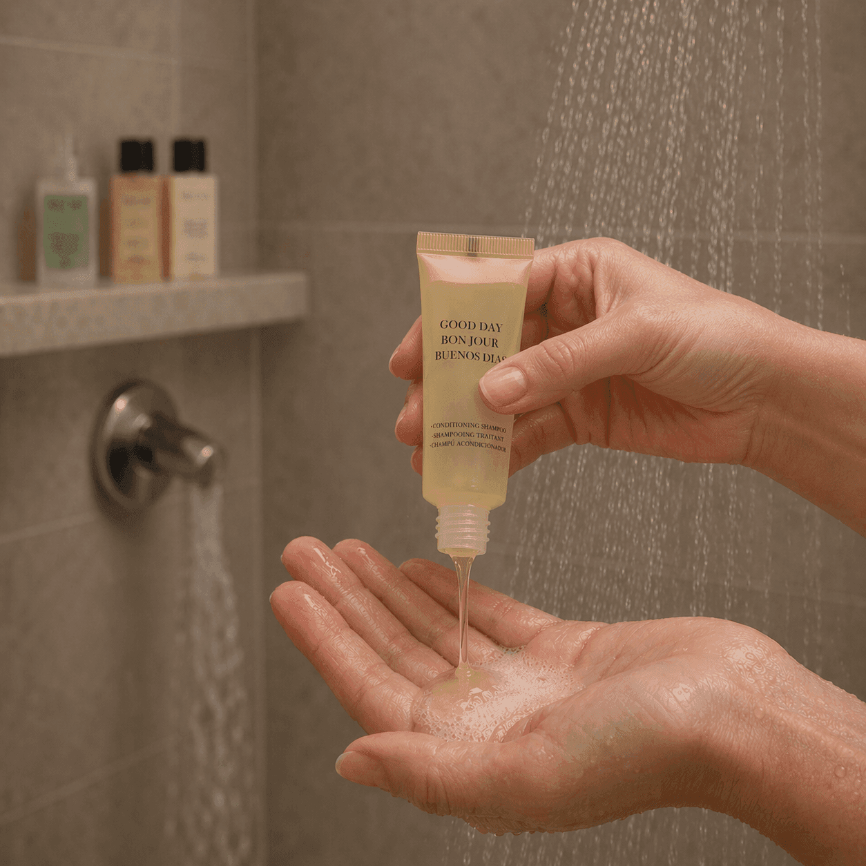 Good Day conditioning shampoo by Transmacro Amenities being dispensed into hand in a hotel shower setting