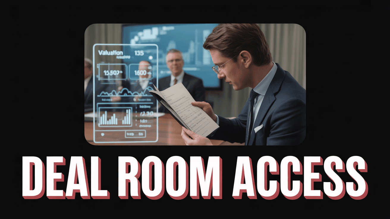 Private Equity Deal Room Thumbnail Template featuring investor reviewing M&A documents with holographic valuation metrics and conference room backdrop