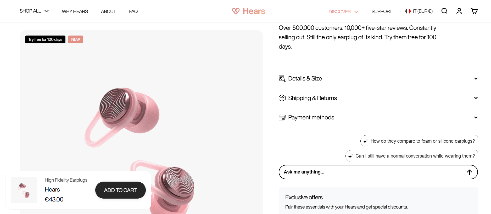 Twini live on a Hears product page, answering before the add to cart.