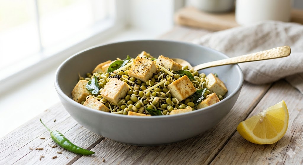 A close-up photograph of a healthy and minimal bowl of tofu and sprouted moong bean stir-fry, lightly sautéed with curry leaves, mustard seeds, and ginger, served on a rustic wooden table with a fresh lemon wedge and green chili.