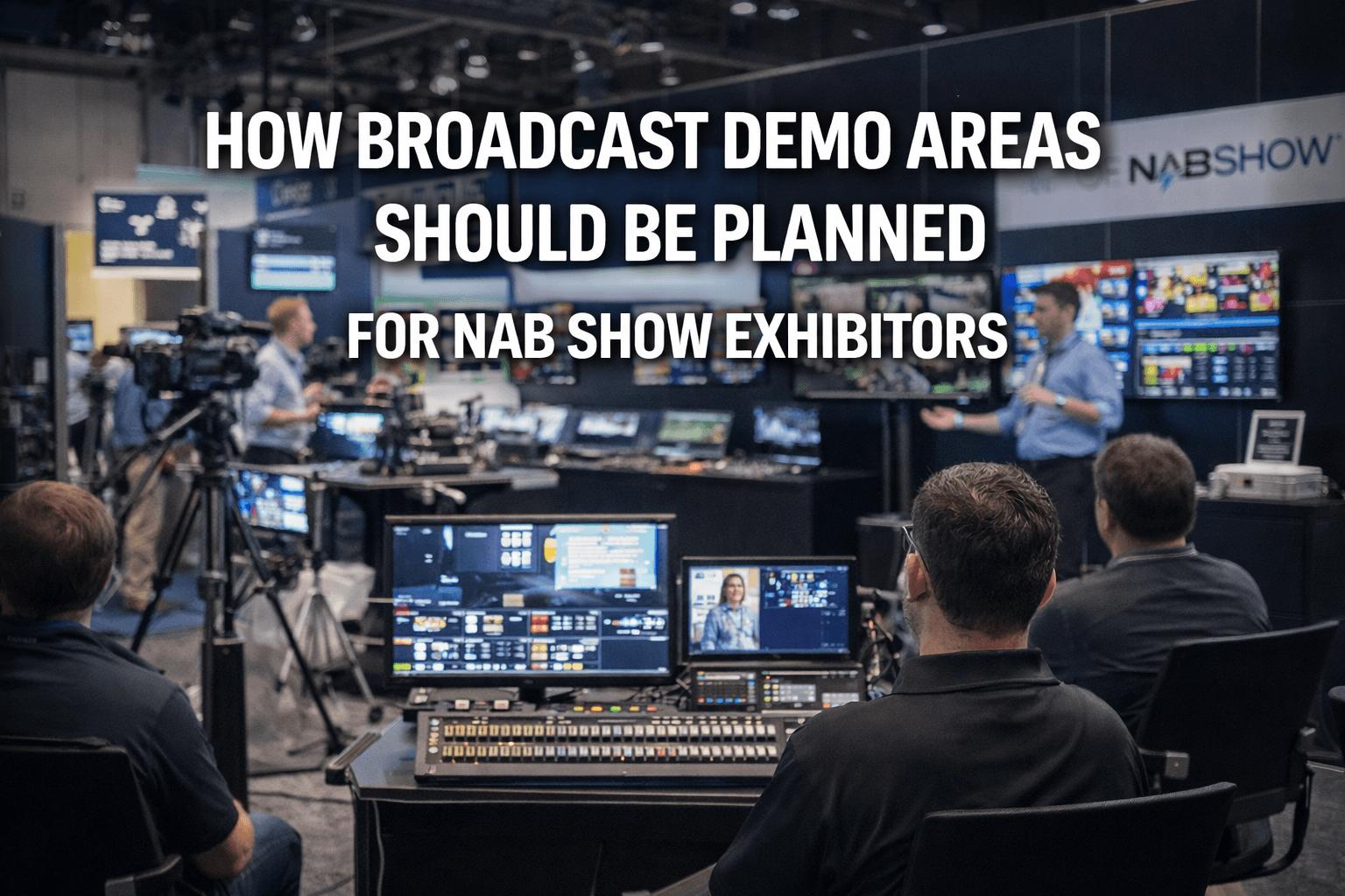 Broadcast demo area planning for NAB Show exhibitors in Las Vegas with monitor wall, operator station, and live presentation setup