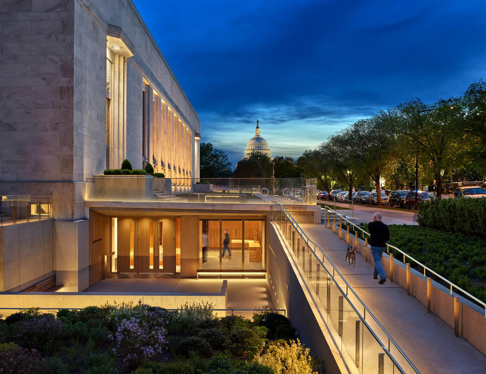 exterior campus entry ramp sequence with low level landscape lighting