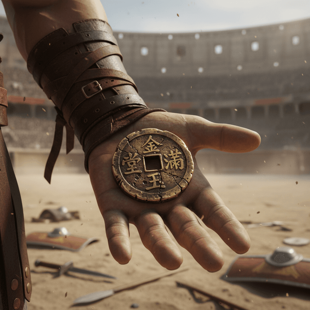 An orange flying car hovering in a dense futuristic city canyon