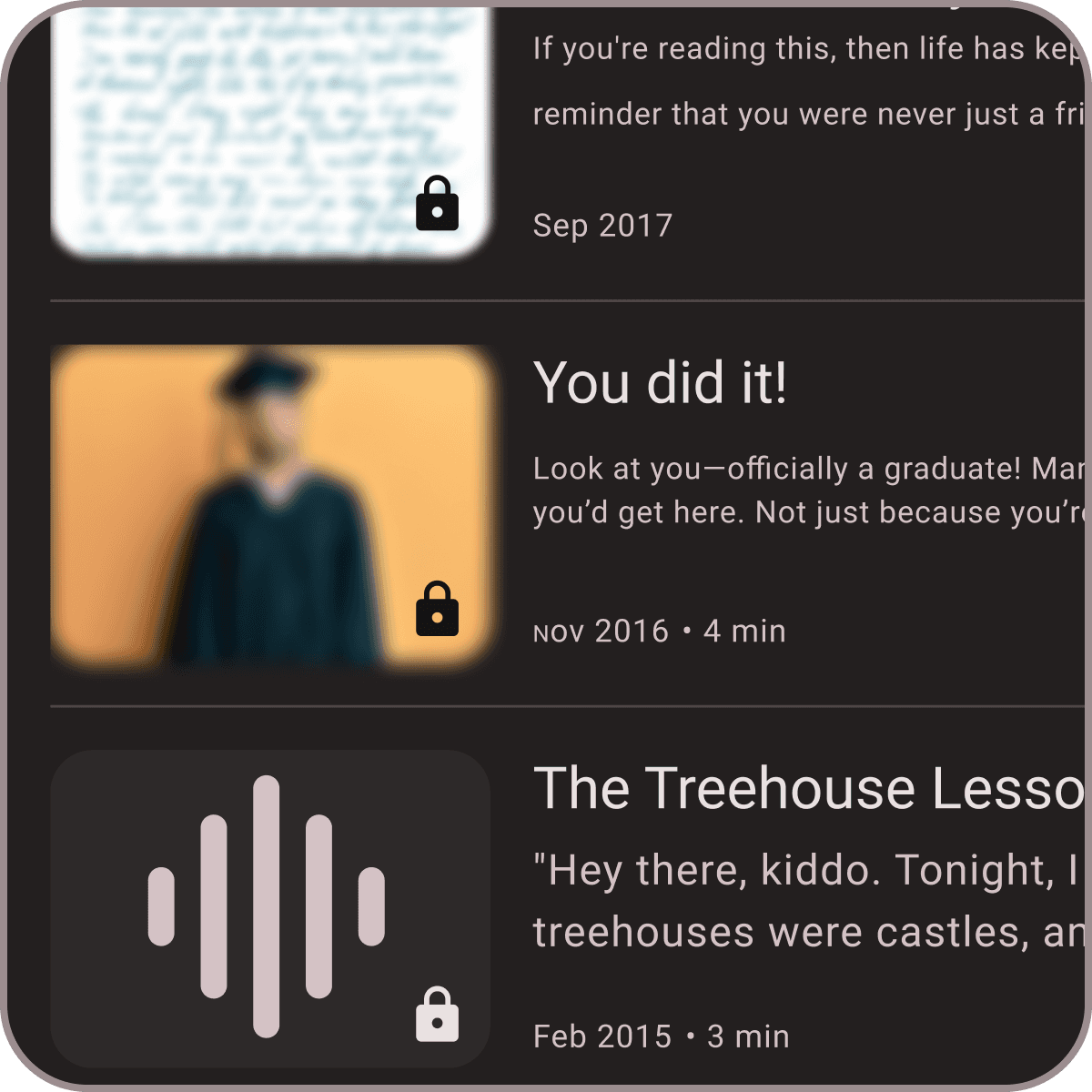 Visual identifiers for media types and vault status, using unique iconography to reduce cognitive load and improve navigation for all users.