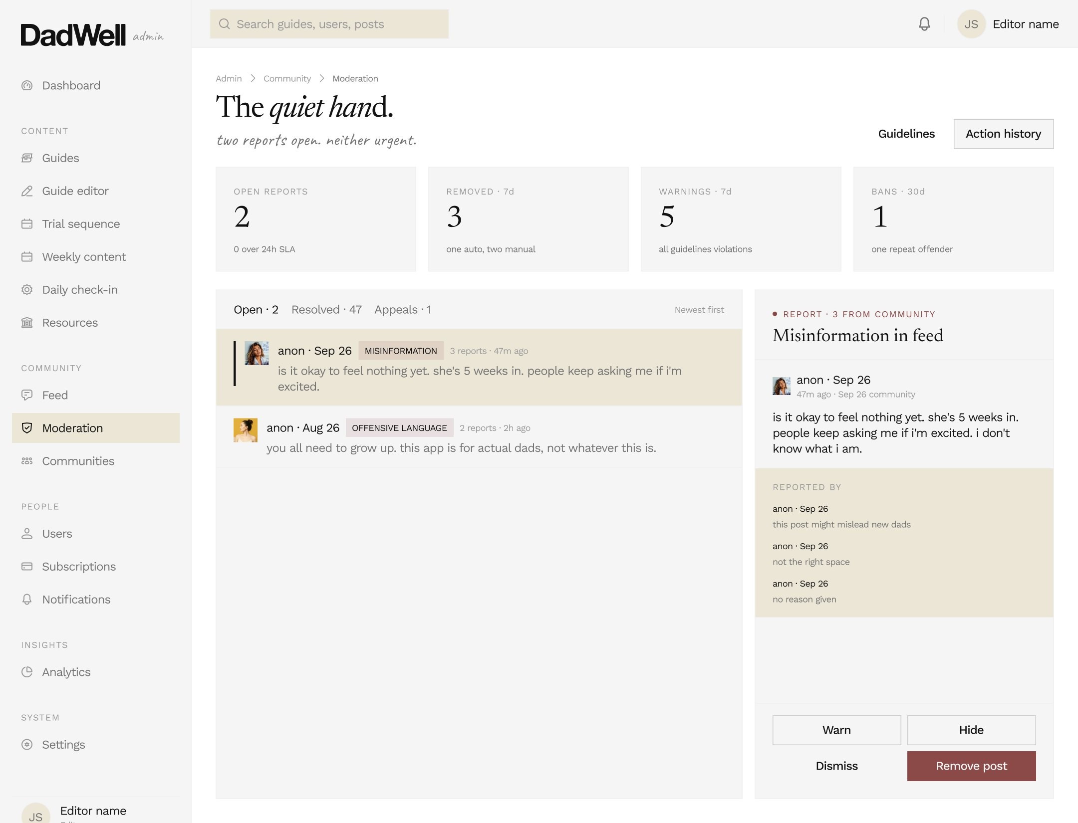 The moderation queue, where the team reviews reported posts and can warn, hide or ban, with the reason recorded against each action