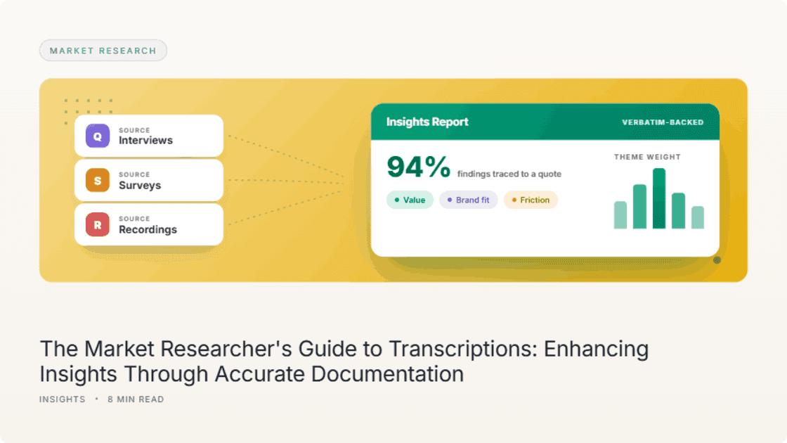 Illustration of interview, survey, and recording sources feeding into an insights report with key themes and a bar chart, for a market researcher's guide to transcription.