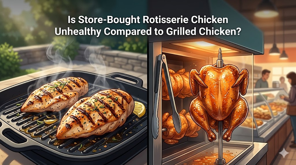 A split-scene infographic banner comparing grilled chicken breast (left) with clear grill marks on a cast iron grill to a whole golden-brown rotisserie chicken (right) slowly rotating on a spit in a grocery deli. A title asks, "Is Store-Bought Rotisserie Chicken Unhealthy Compared to Grilled Chicken?"