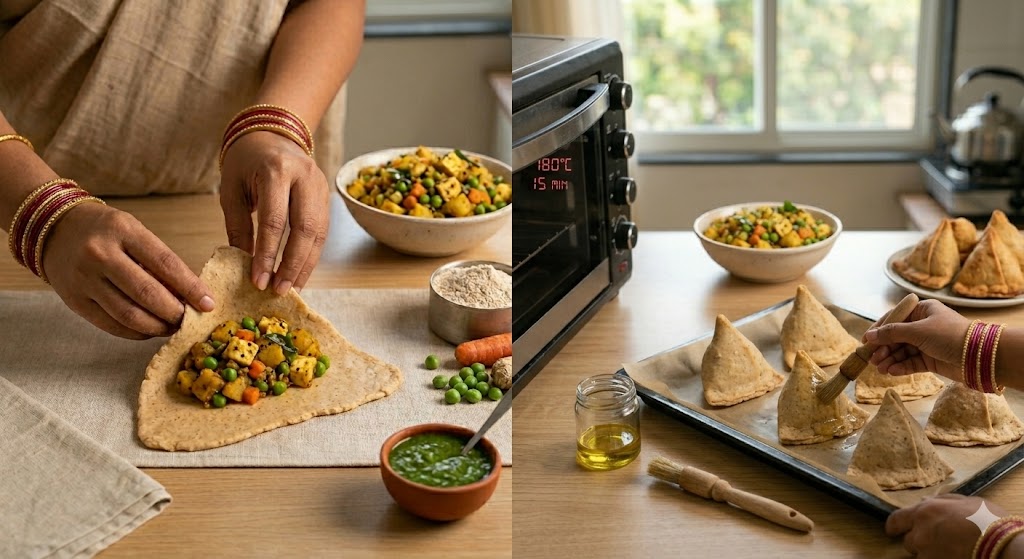 A two-panel photo showing the homemade preparation of healthy baked samosas in Raipur. On the left, a woman with pink bangles folds whole wheat dough over a filling of potatoes, peas, carrots, and paneer. Fresh ingredients and green chutney are nearby. On the right, her hands brush olive oil onto shaped samosas on a baking tray before placing them in a convection oven displaying 180°C.