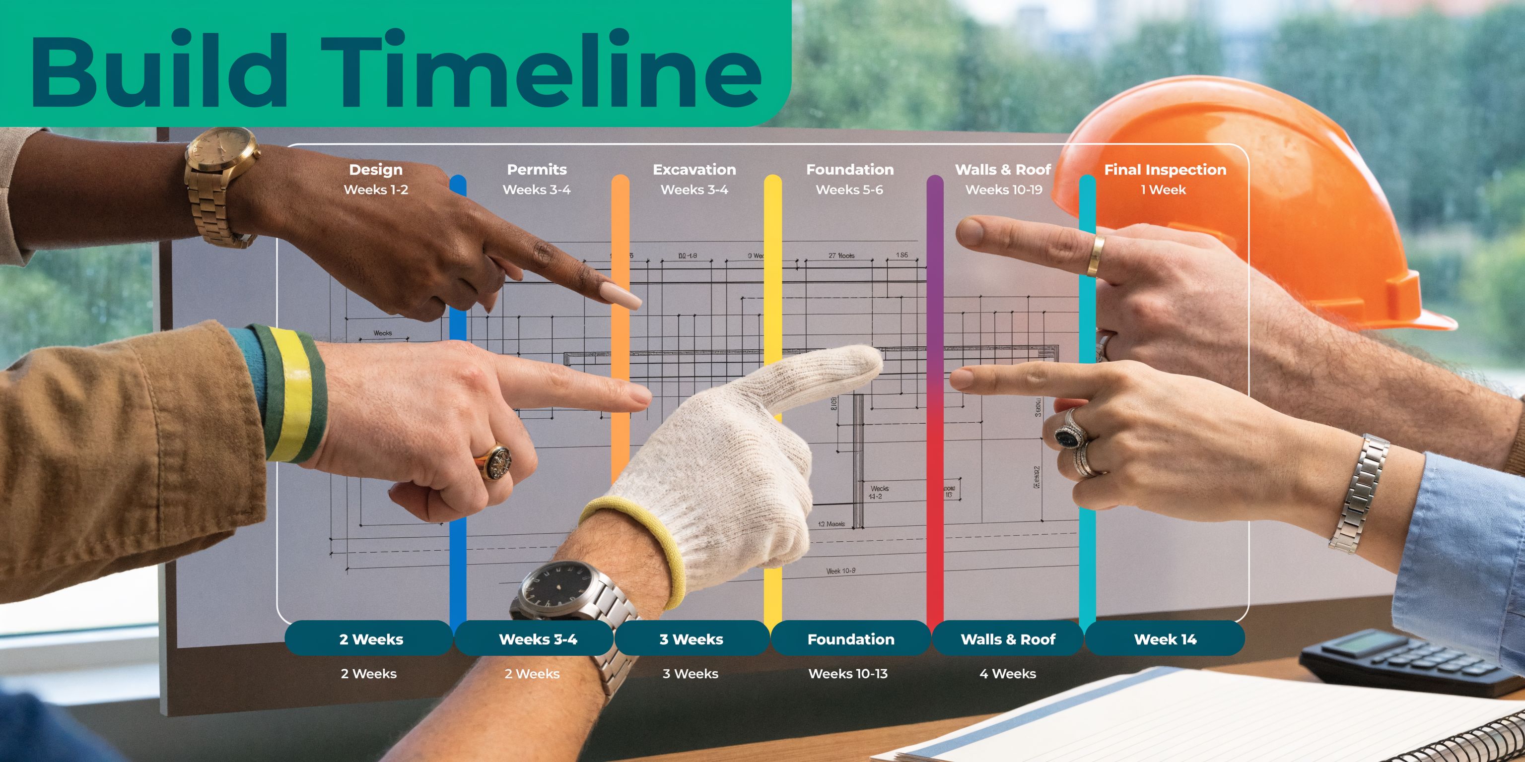 A team of professionals collaborating and pointing at a construction timeline chart displayed on a drafting plan.