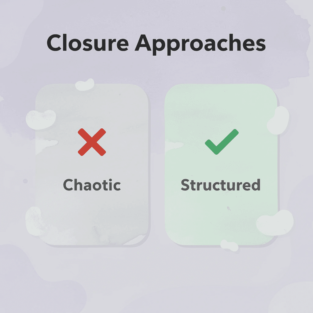 Before and after comparison showing chaotic versus structured closure approaches - Startup Shutdown