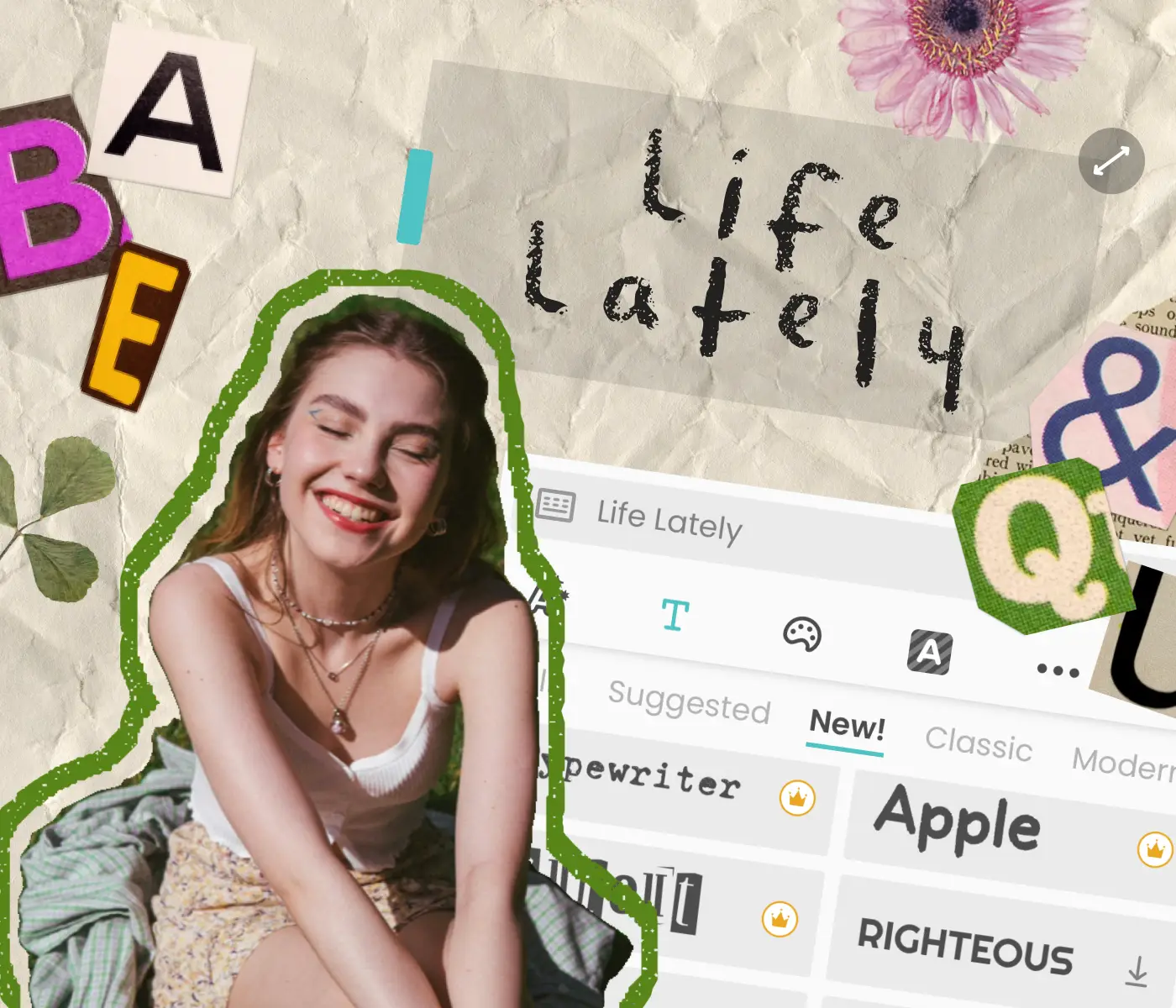 Digital scrapbook page 'Life Lately' with a photo and font editing options shown beside it