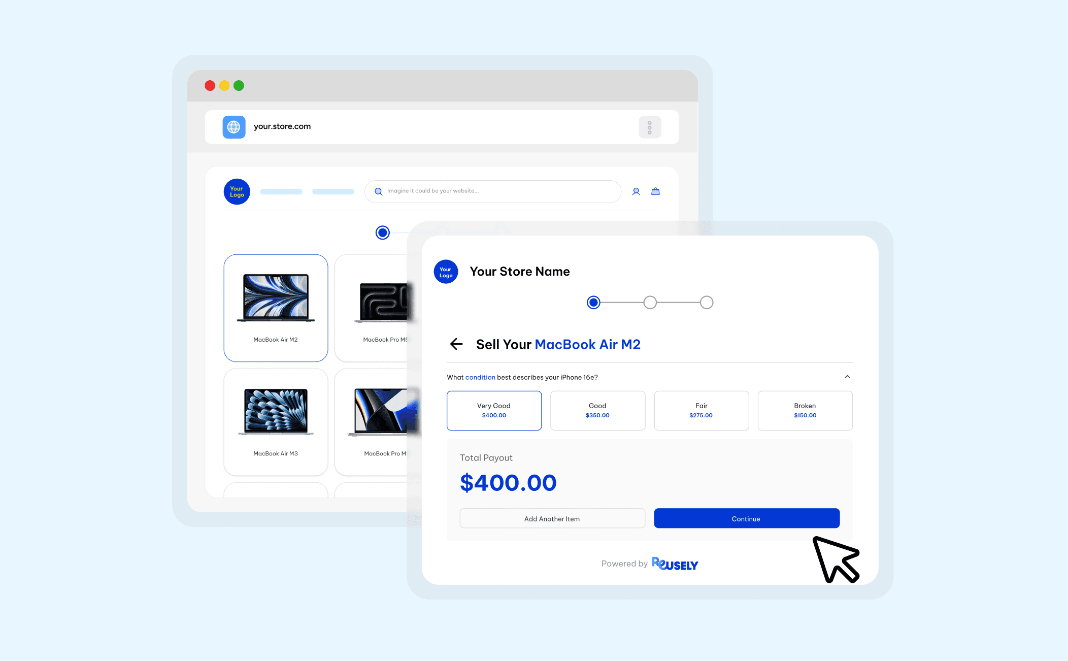 How to Start a MacBook Trade-In Program: Online store showing MacBook trade-in options with condition-based values and a $400 payout estimate for a MacBook Air M2.