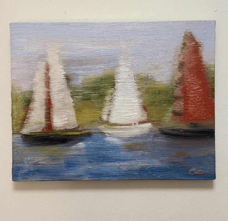 Oil painting of orange sailboats on water