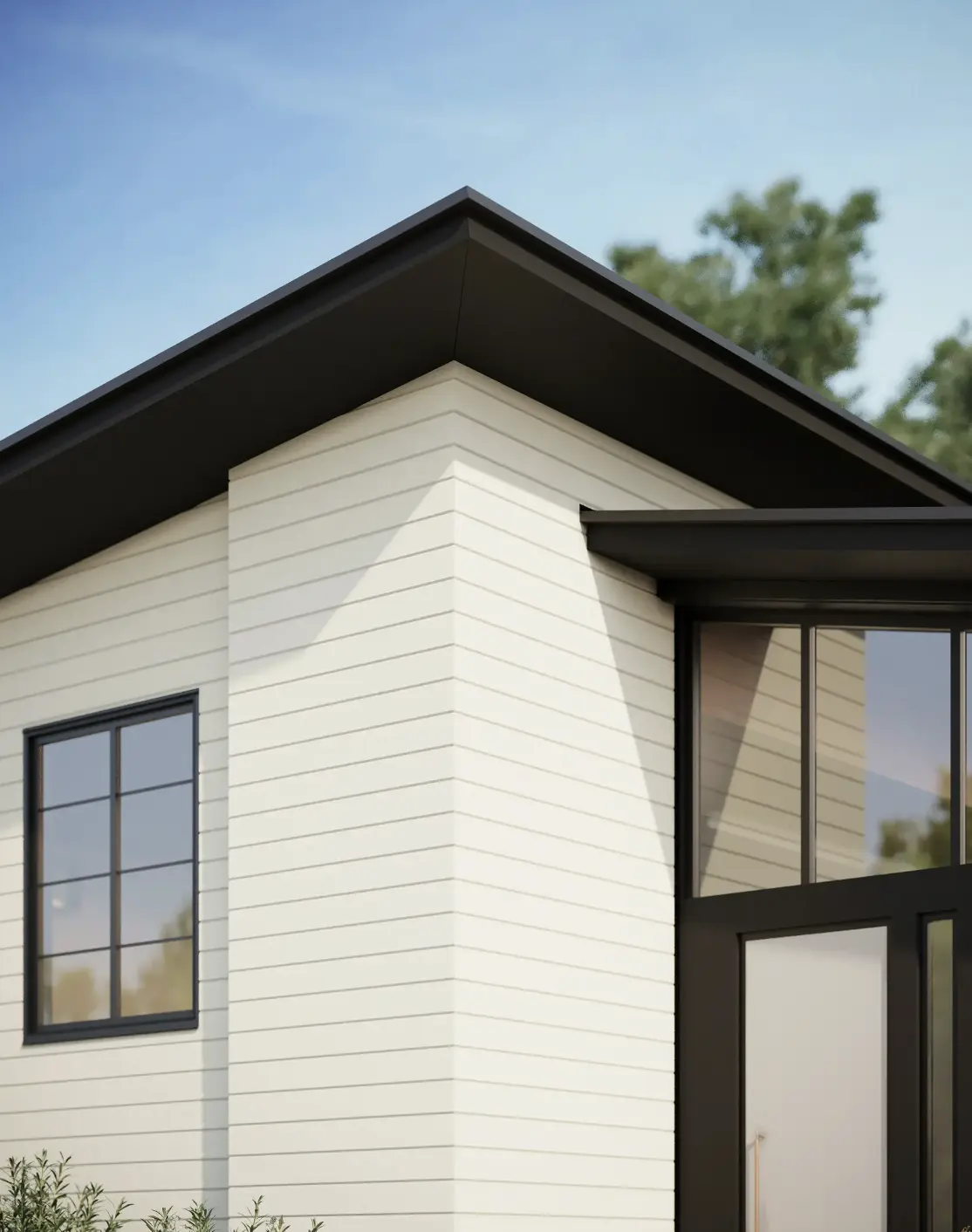 Hardie Atrisan horizontal modern siding in white with black cornice
