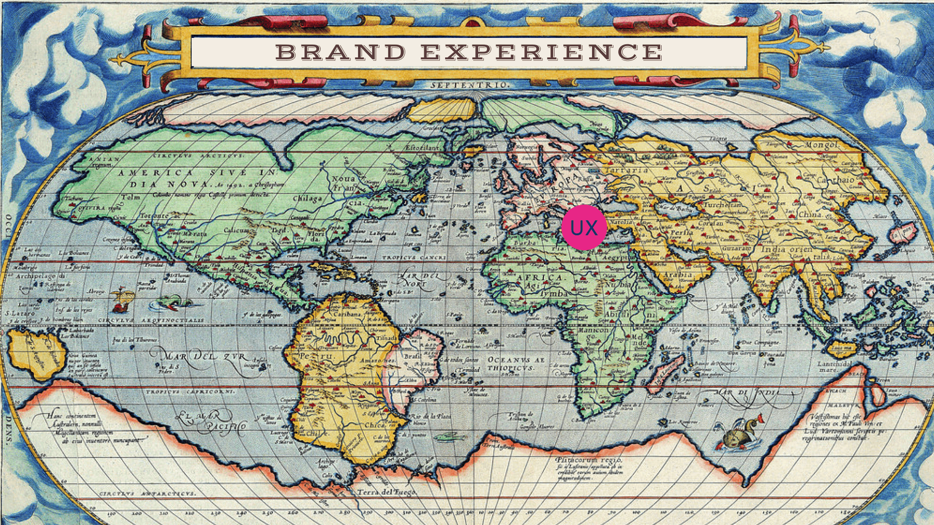 A vintage world map with a dot that has the word "UX"