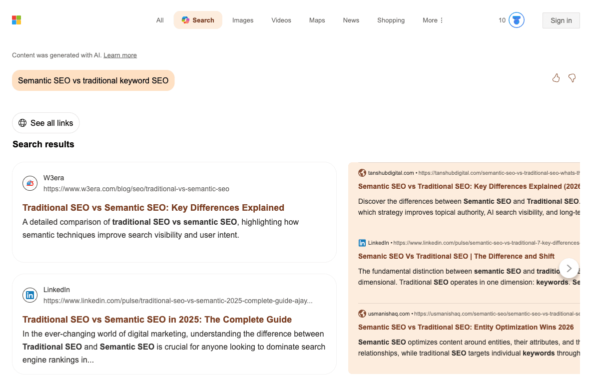 Sources cited by Bing Copilot for the "semantic SEO vs traditional keyword SEO" query