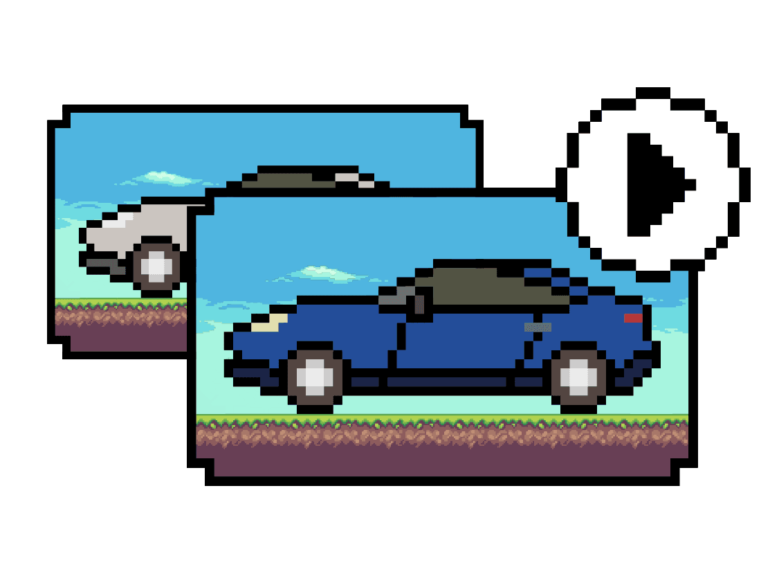 Pixel photo and video of a gray and blue car, with a play button on the video.