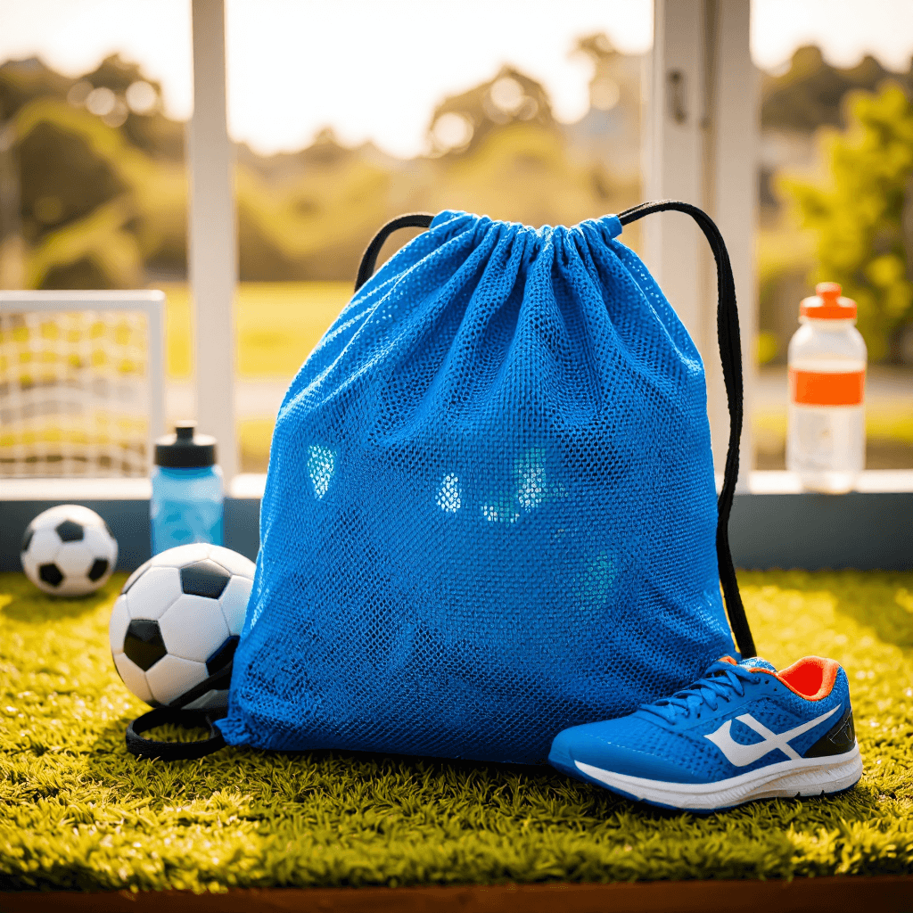 product photography of a drawstring backpack made of mesh fabric, suitable for carrying personal items