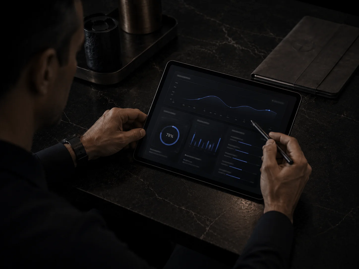 Hand annotating a health chart on a tablet with a stylus